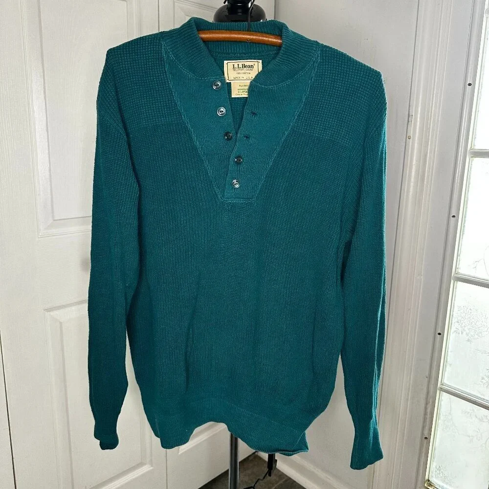 Vintage Men's LL Bean Teal Henley Sweater Size XL