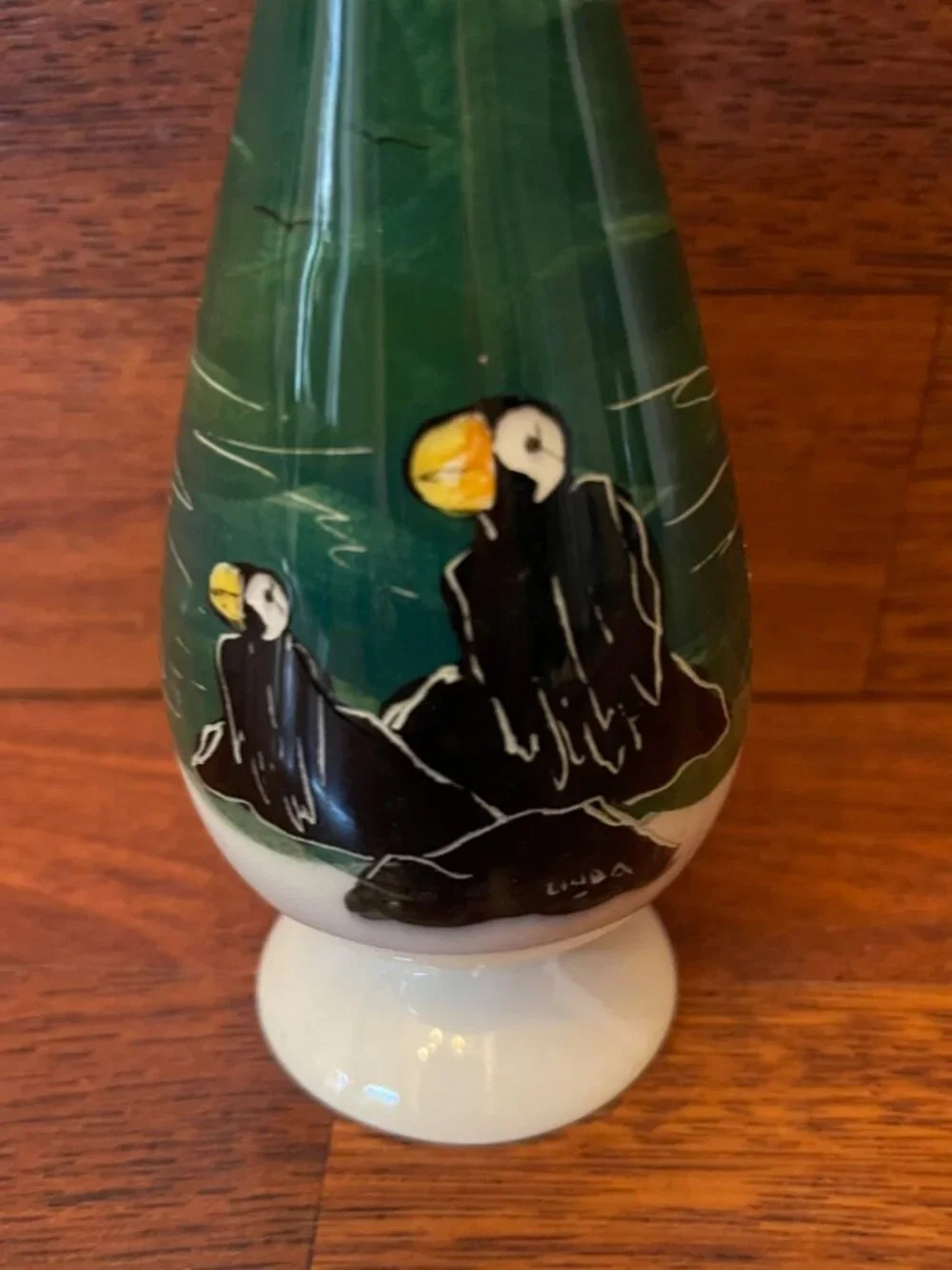 Mugs & Jugs Alaska Hand Painted Pottery Vase of Puffins Coastal Scene