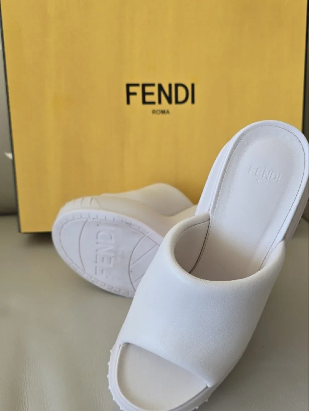 Fendi Cream Leather Platform Slide Wedges